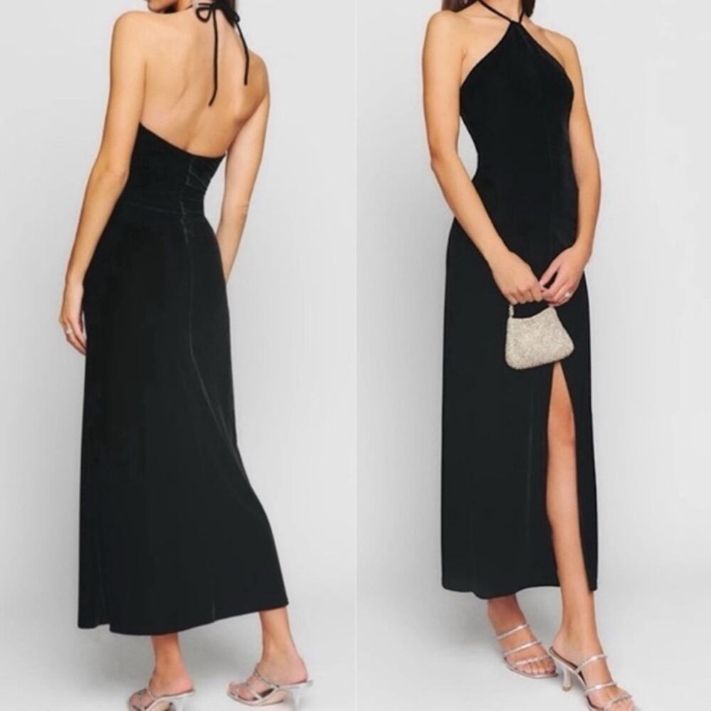 Reformation Black Velvet Halter Dress-  Sz L - Picture 4 of 16
